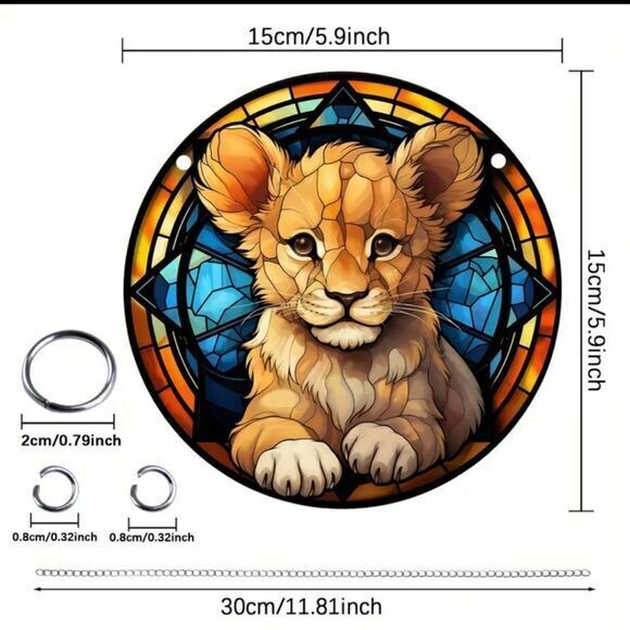 Baby Lion Acrylic Sun-Catcher Pendant with Hanging Chain 5.9 ×5.9 Inches - Picture 3 of 6